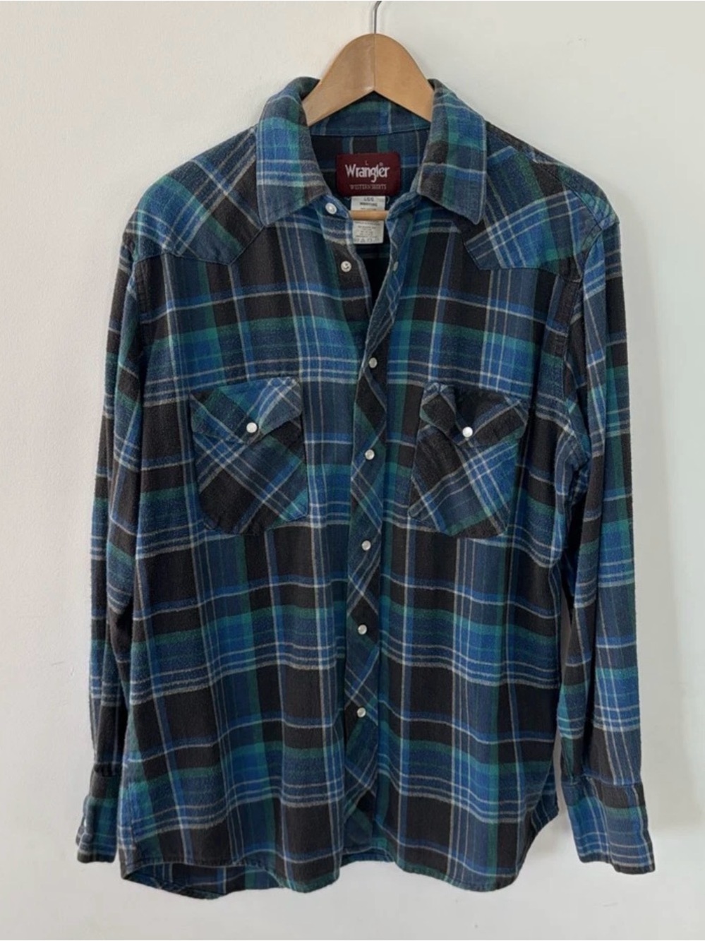 Wrangler Western Shirt Mens L Blue Green Plaid Pearl Snap Long Sleeve